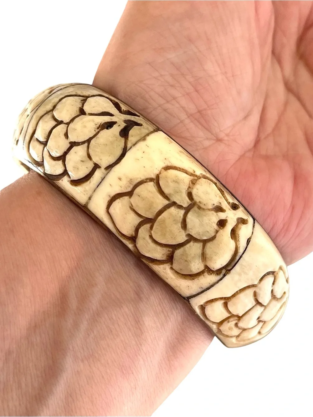 Vintage Carved Bone And Brass Bangle Bracelet